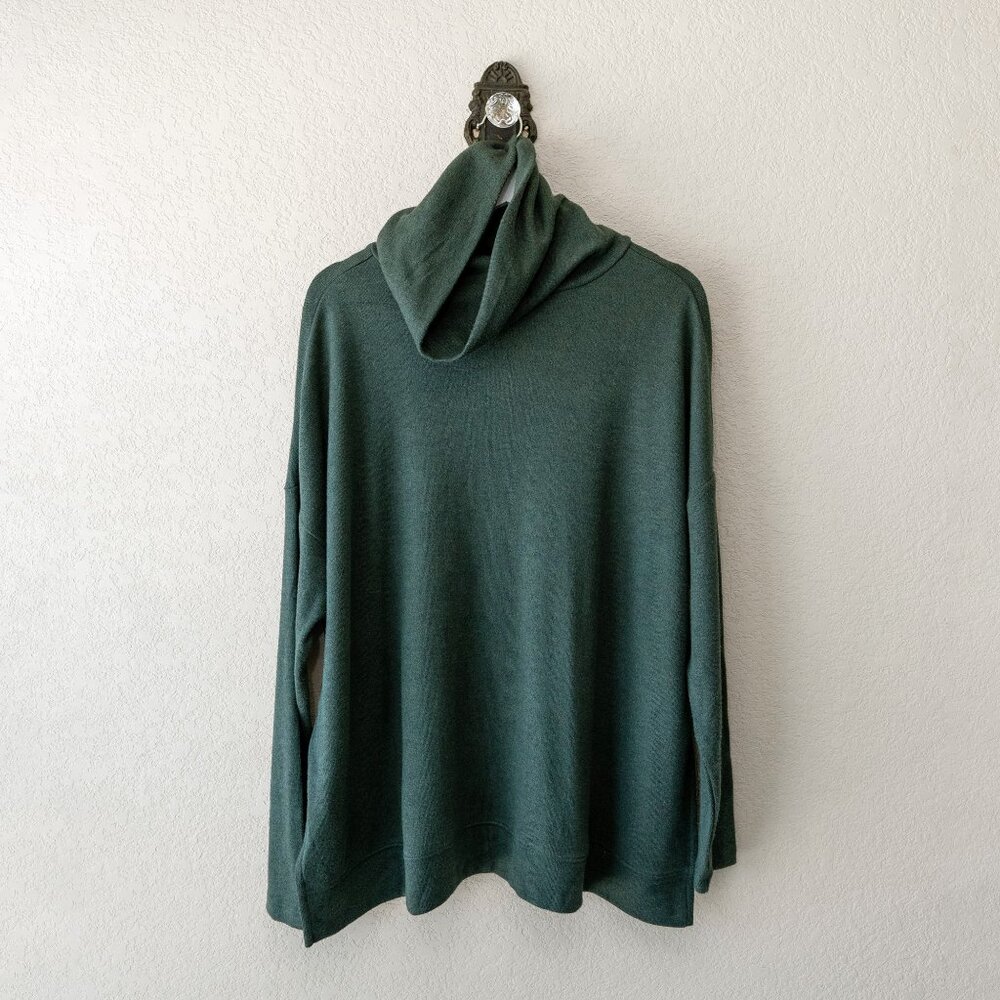 Lands End S Oversized Cowlneck Sweater Forest Green Tunic Split Hem